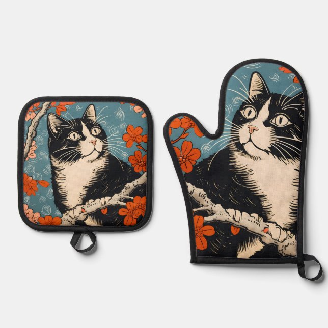 Tuxedo Cat Japanese Painting Oven Mitt & Pot Holder Set (Front)