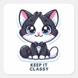 tuxedo cat keep it classy square sticker