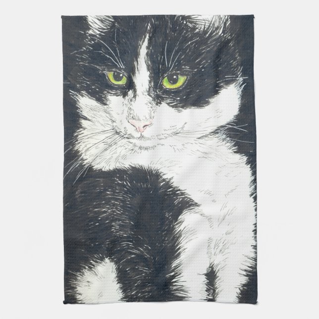 Tuxedo cat kitchen towel (Vertical)
