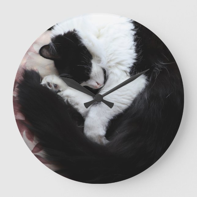 Tuxedo Cat Kitty Cats Black and White Caturday     Large Clock (Front)