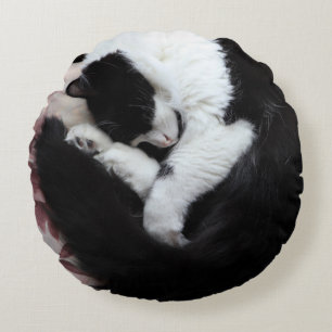 Tuxedo Cat Kitty Cats Black and White Caturday Round Pillow