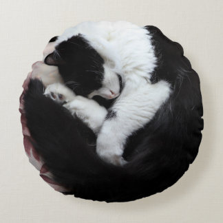 Tuxedo Cat Kitty Cats Black and White Caturday Round Pillow