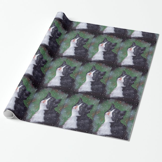 Tuxedo Cat Looking Up at Snow, Oil Pastel Art Wrapping Paper (Unrolled)