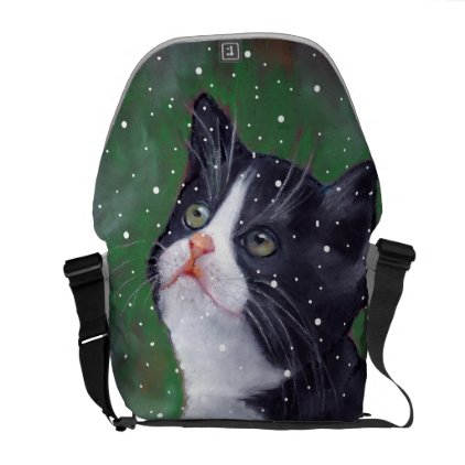 Tuxedo Cat Looking Up At Snow, Pastel Art Courier Bag