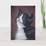 Tuxedo Cat Looking Up At Snowflakes, Art Holiday Card