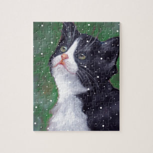 Tuxedo Cat Looking Up At Snowflakes, Painting Jigsaw Puzzle