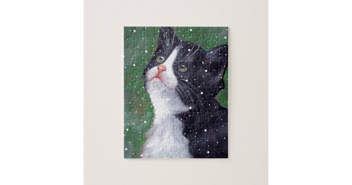 Tuxedo Cat Looking Up At Snowflakes Painting Jigsaw Puzzle