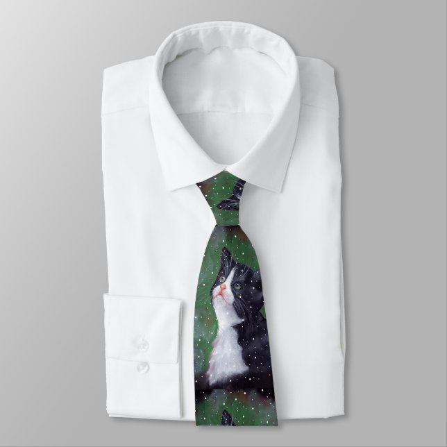 Tuxedo Cat Looking Up At Snowflakes, Painting Neck Tie (Tied)