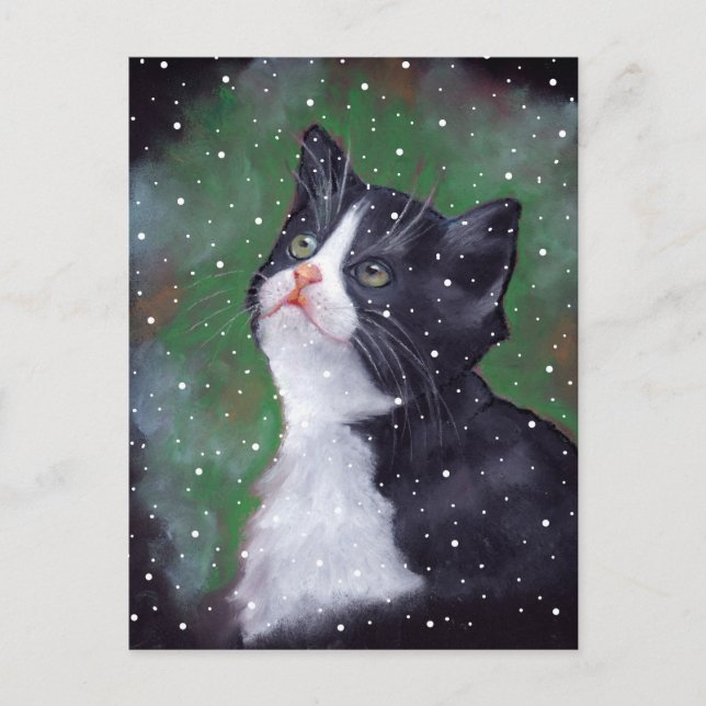 Tuxedo Cat Looking Up At Snowflakes, Painting Postcard (Front)