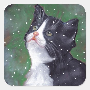 Tuxedo Cat Looking Up At Snowflakes  Painting Square Sticker by joyart at Zazzle