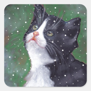 Tuxedo Cat Looking Up At Snowflakes, Painting Square Sticker