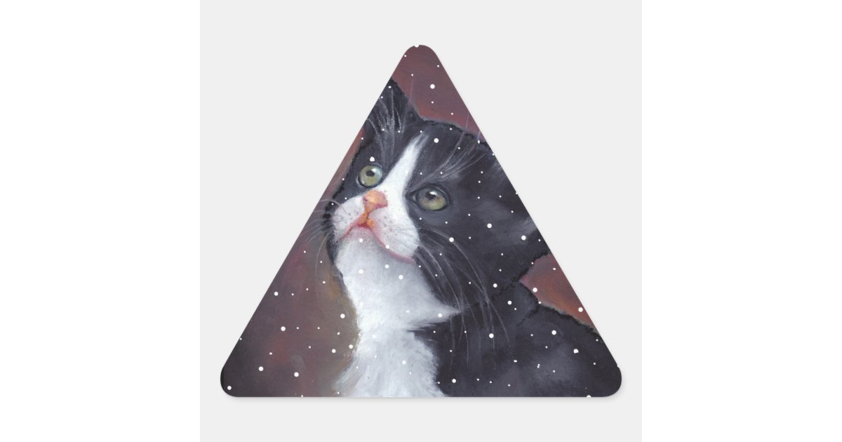 Tuxedo Cat Looking Up At Snowflakes Painting Triangle Sticker