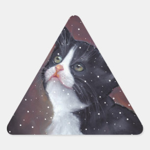 Tuxedo Cat Looking Up At Snowflakes, Painting Triangle Sticker