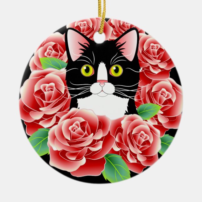 Tuxedo Cat Love cute rose kitty round ornament (Front)