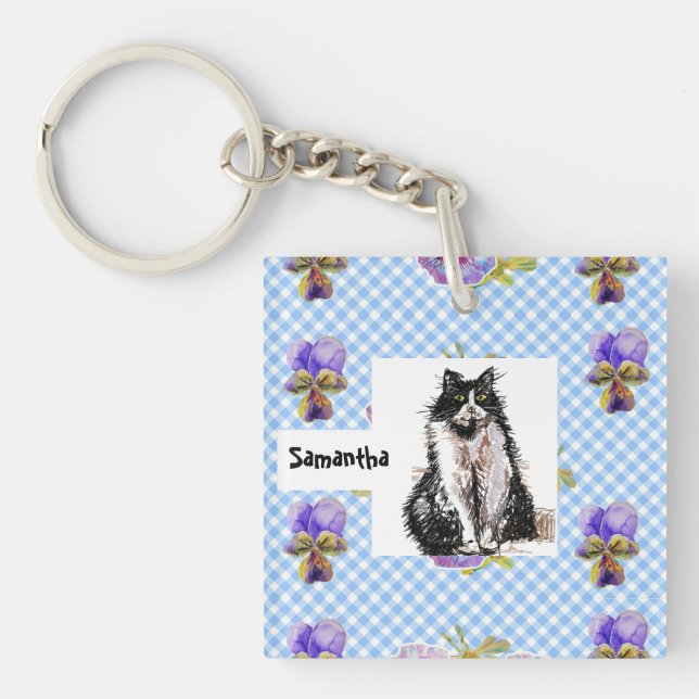 Tuxedo Cat Love You Black and White Cats Girls Keychain (Front)