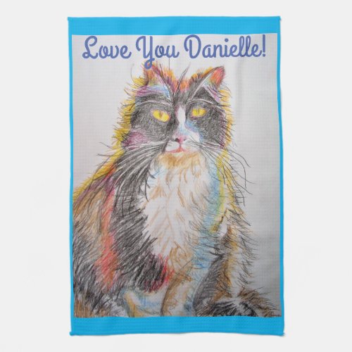 Tuxedo Cat Love You Womans Name Art Tea Towel