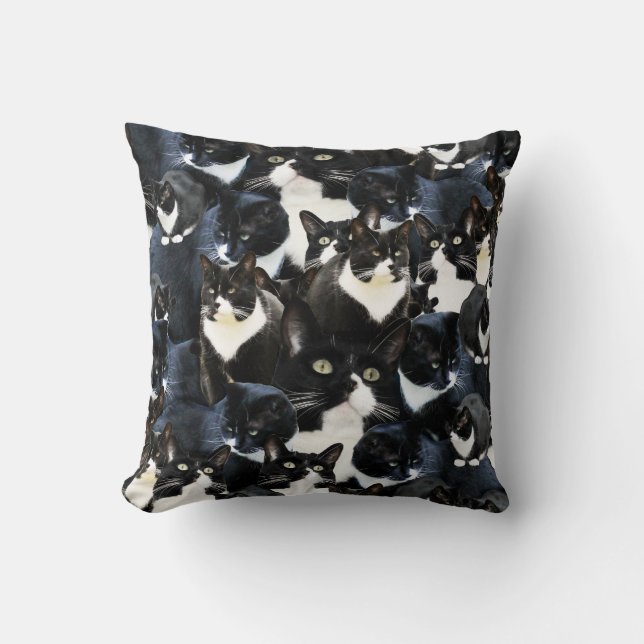 Tuxedo Cat Madness Throw Pillow (Front)