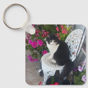 Tuxedo Cat Maroon Dark Pink Cats and Flowers Keychain