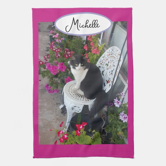 Tuxedo Cat Maroon Dark Pink Cats and Flowers Kitchen Towel (Vertical)