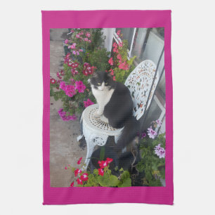 Tuxedo Cat Maroon Dark Pink Cats and Flowers Kitchen Towel