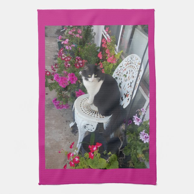 Tuxedo Cat Maroon Dark Pink Cats and Flowers Kitchen Towel (Vertical)