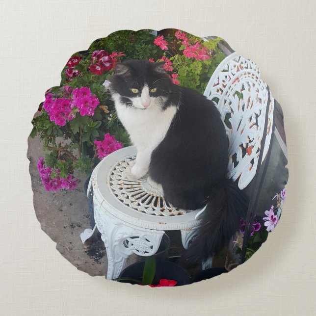 Tuxedo Cat Maroon Dark Pink Cats and Flowers Round Pillow (Front)