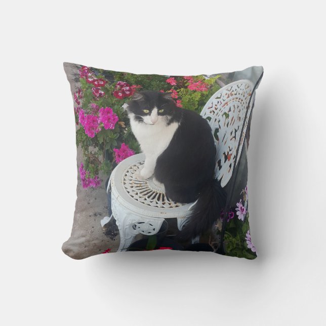 Tuxedo Cat Maroon Dark Pink Cats and Flowers Throw Pillow (Front)