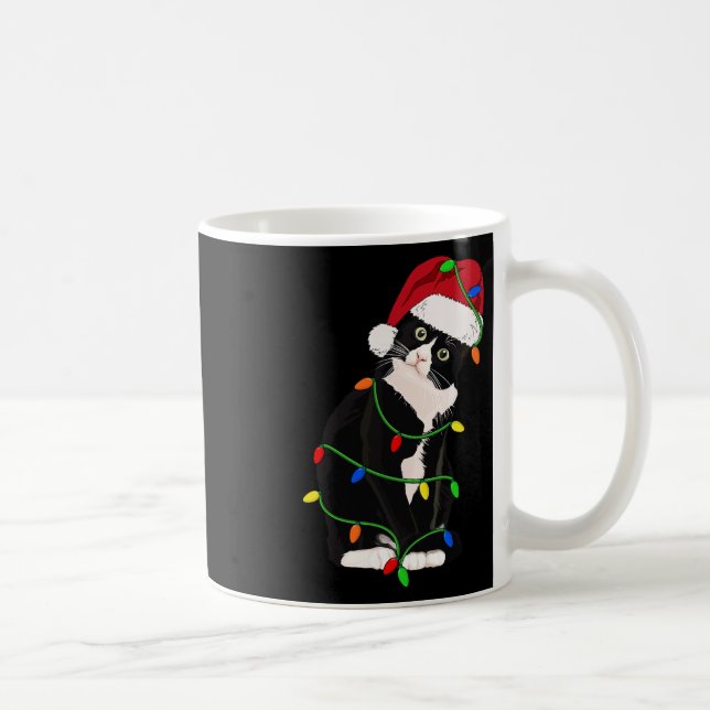 Tuxedo Cat Meow Santa Tuxie Christmas Tree Lights  Coffee Mug (Right)