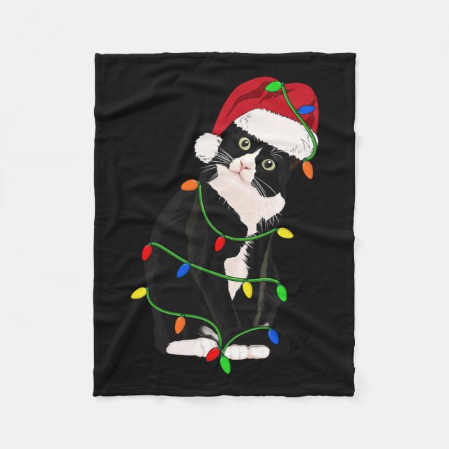 Tuxedo Cat Meow Santa Tuxie Christmas Tree Lights  Fleece Blanket (Front)