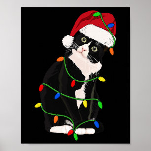 Tuxedo Cat Meow Santa Tuxie Christmas Tree Lights Poster