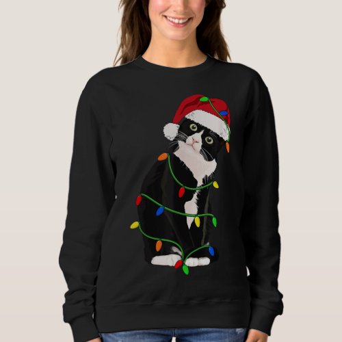 Tuxedo Cat Meow Santa Tuxie Christmas Tree Lights  Sweatshirt