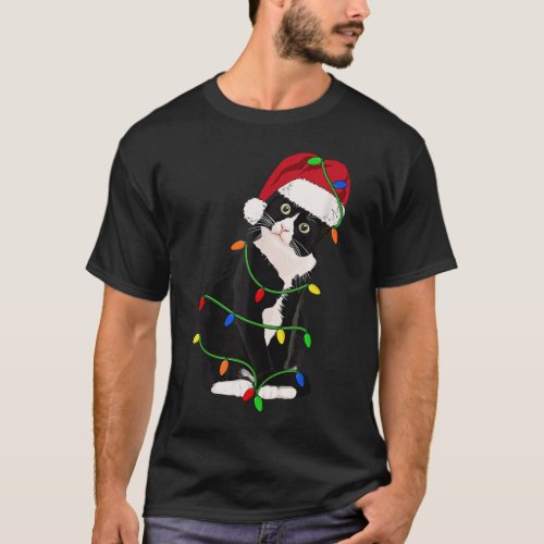 Tuxedo Cat Meow Santa Tuxie Christmas Tree Lights  T_Shirt