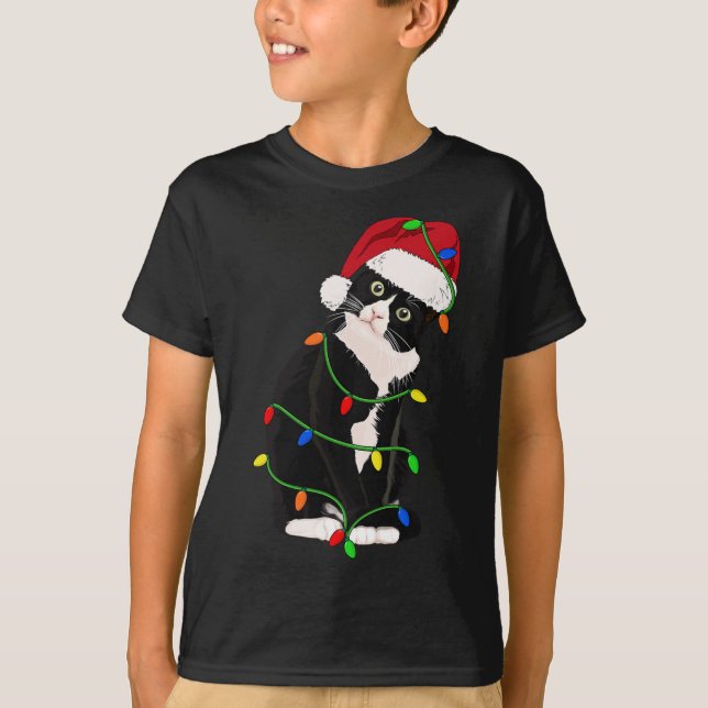 Tuxedo Cat Meow Santa Tuxie Christmas Tree Lights  T-Shirt (Front)
