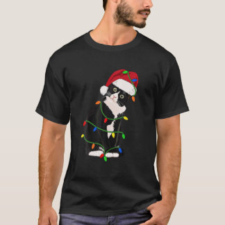 Tuxedo Cat Meow Santa Tuxie Christmas Tree Lights T-Shirt