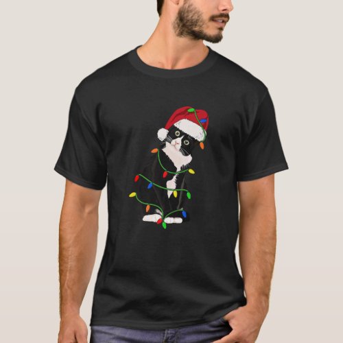 Tuxedo Cat Meow Santa Tuxie Christmas Tree Lights T_Shirt