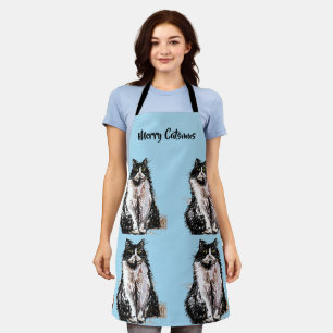 Tuxedo Cat Merry Catsmus Blue Christmas Apron