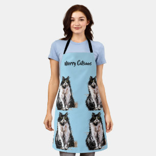 Tuxedo Cat Merry Catsmus Blue Christmas Apron