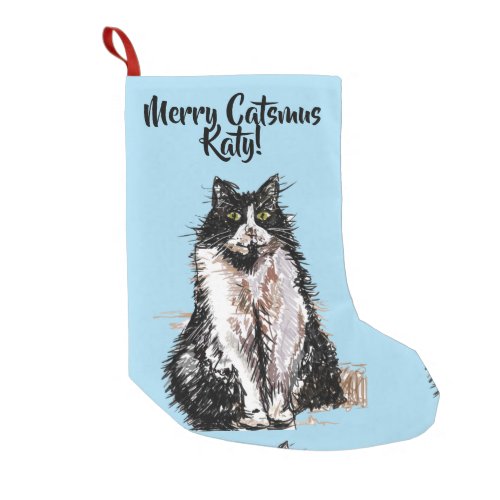 Tuxedo Cat Merry Catsmus Blue Christmas Stocking