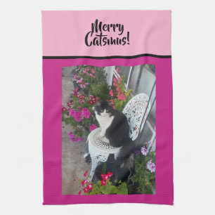 Tuxedo Cat Merry Catsmus Pink Christmas Cats Kitchen Towel