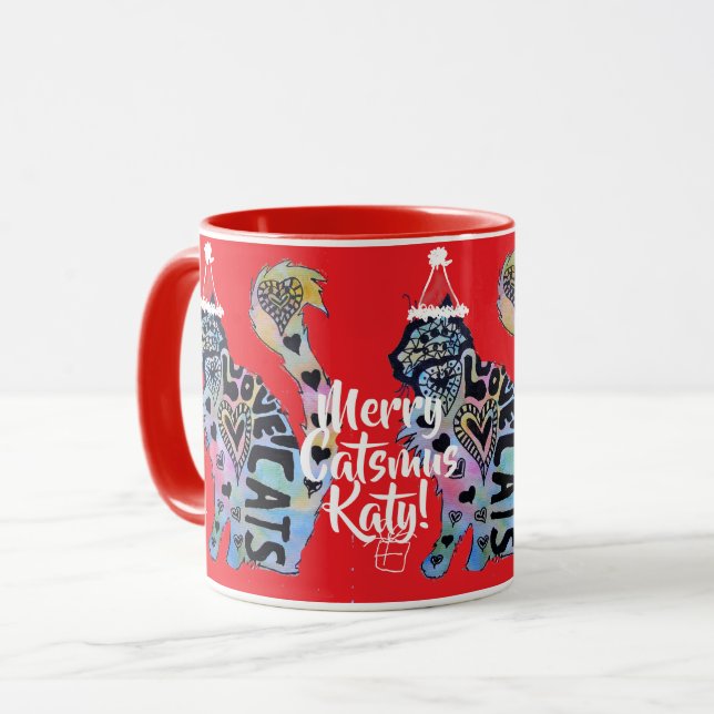 Tuxedo Cat Merry Catsmus Red Christmas Mug (Front Left)