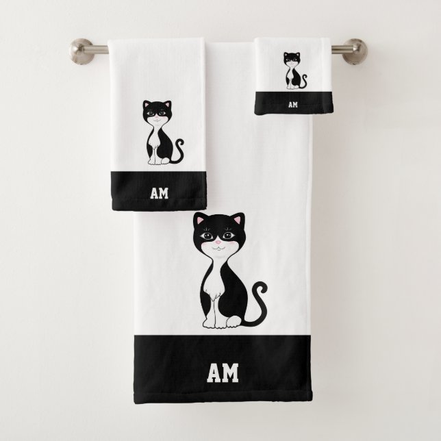 Tuxedo Cat & Monogram on Black & White Bath Towel Set (Insitu)