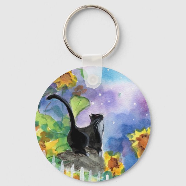 Tuxedo Cat Moon in Sunflowers Keychain (Front)