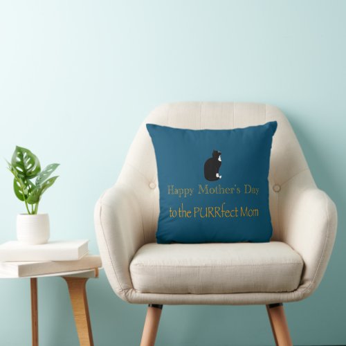 Tuxedo Cat Mothers Day PURRfect Mom Blue Pillow