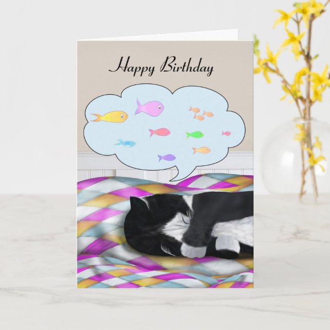 Tuxedo Cat Napping and Dreaming Card (Yellow Flower)