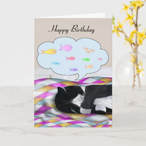 Tuxedo Cat Napping and Dreaming Card