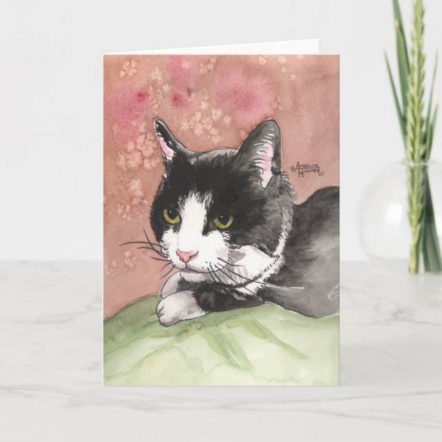 Tuxedo Cat Note Card Black White Cat Pink Green (Front)