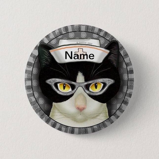 Tuxedo cat nurse  button (Front)