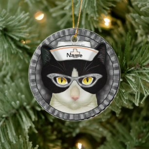 Tuxedo cat nurse ceramic ornament