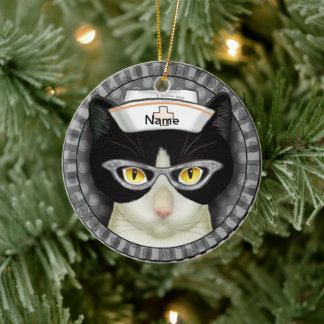 Tuxedo cat nurse ceramic ornament