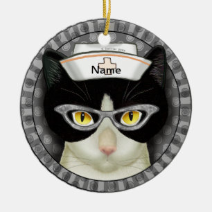 Tuxedo cat nurse ceramic ornament